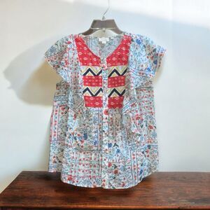 Anthropologie Letmebe 4 Colorful Floral Flutter Sleeve Top Button Front